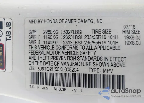 2019 Acura Rdx Technology Package from USA, damaged, VIN 5J8TC2H56KL008204